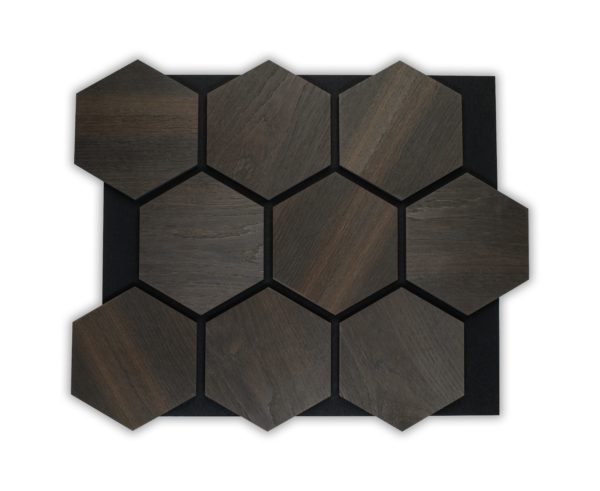 Panneau Hexagon Bois de Chêne fumé sur feutre noir