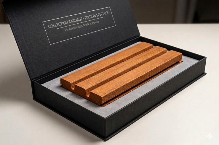 Échantillon Panneau Bardage Naturel en Pin thermotraité avec profil rainure-languette à bords droits, destiné aux façades ventilées et habillages extérieurs contemporains.