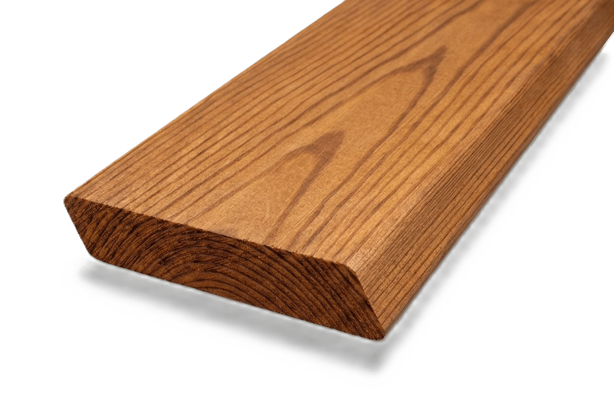 Bardage bois claire-voie en pin thermotraité Ecotra-Parement avec profil à bords biseautés pour pose horizontale sur façade ventilée.