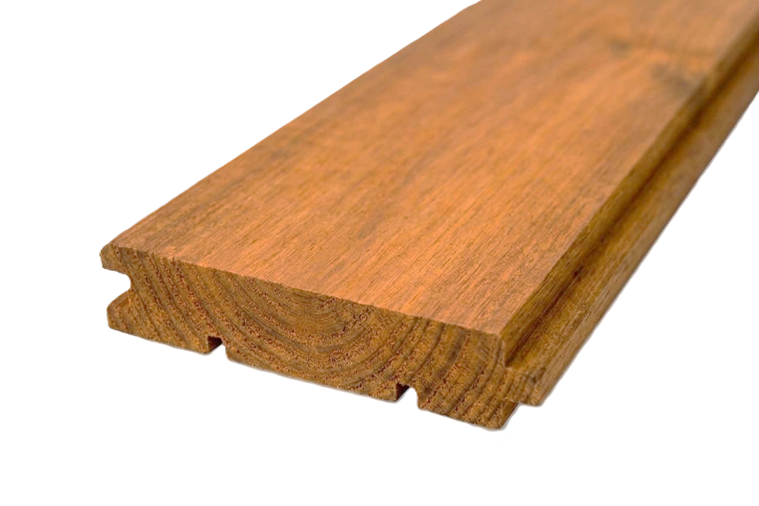 Bardage extérieur bois langueté à bords droits en Pin thermotraité, profil rainure-languette pour façade ventilée et panneaux faux claire-voie au design contemporain.