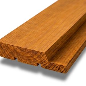 Profil faux claire-voie en pin thermotraité Ecotra-Parement, bardage bois à embpoîtement bords biseautés pour façade ventilée en pose verticale ou horizontale.