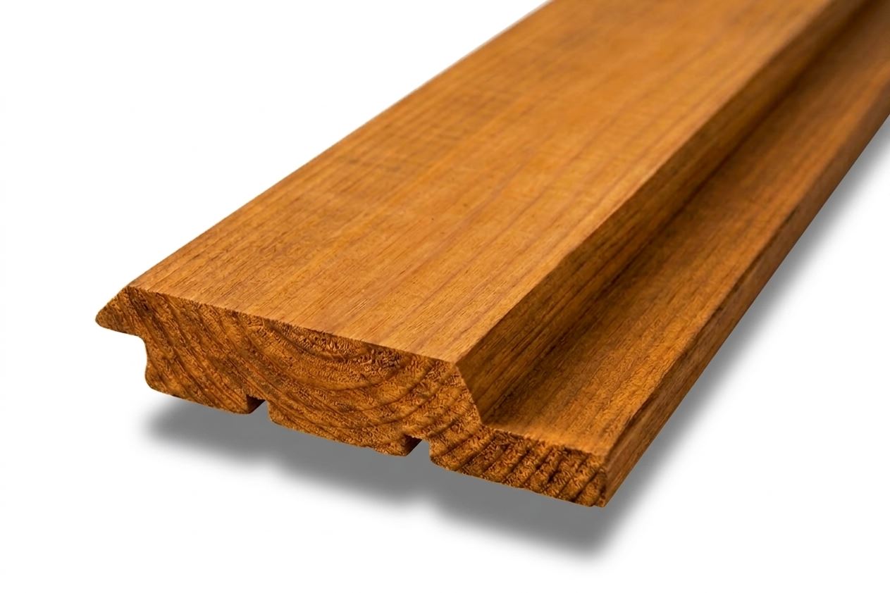 Profil faux claire-voie en pin thermotraité Ecotra-Parement, bardage bois à embpoîtement bords biseautés pour façade ventilée en pose verticale ou horizontale.
