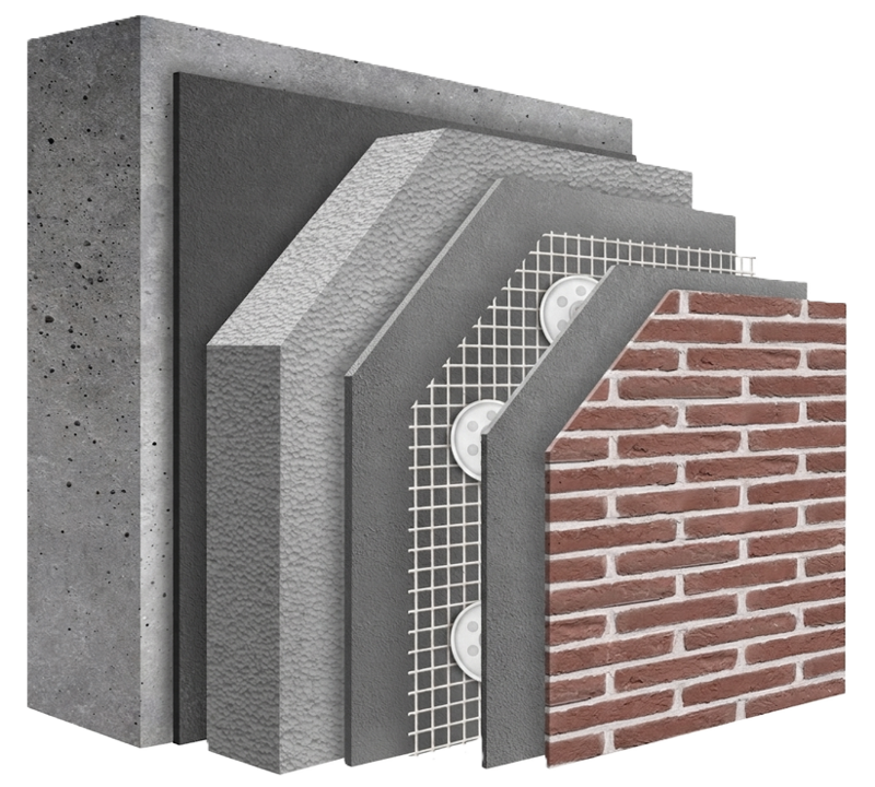 Composition du système ITE avec parement en plaquettes de brique Isolation façade avec système ITE et parement en plaquettes de brique