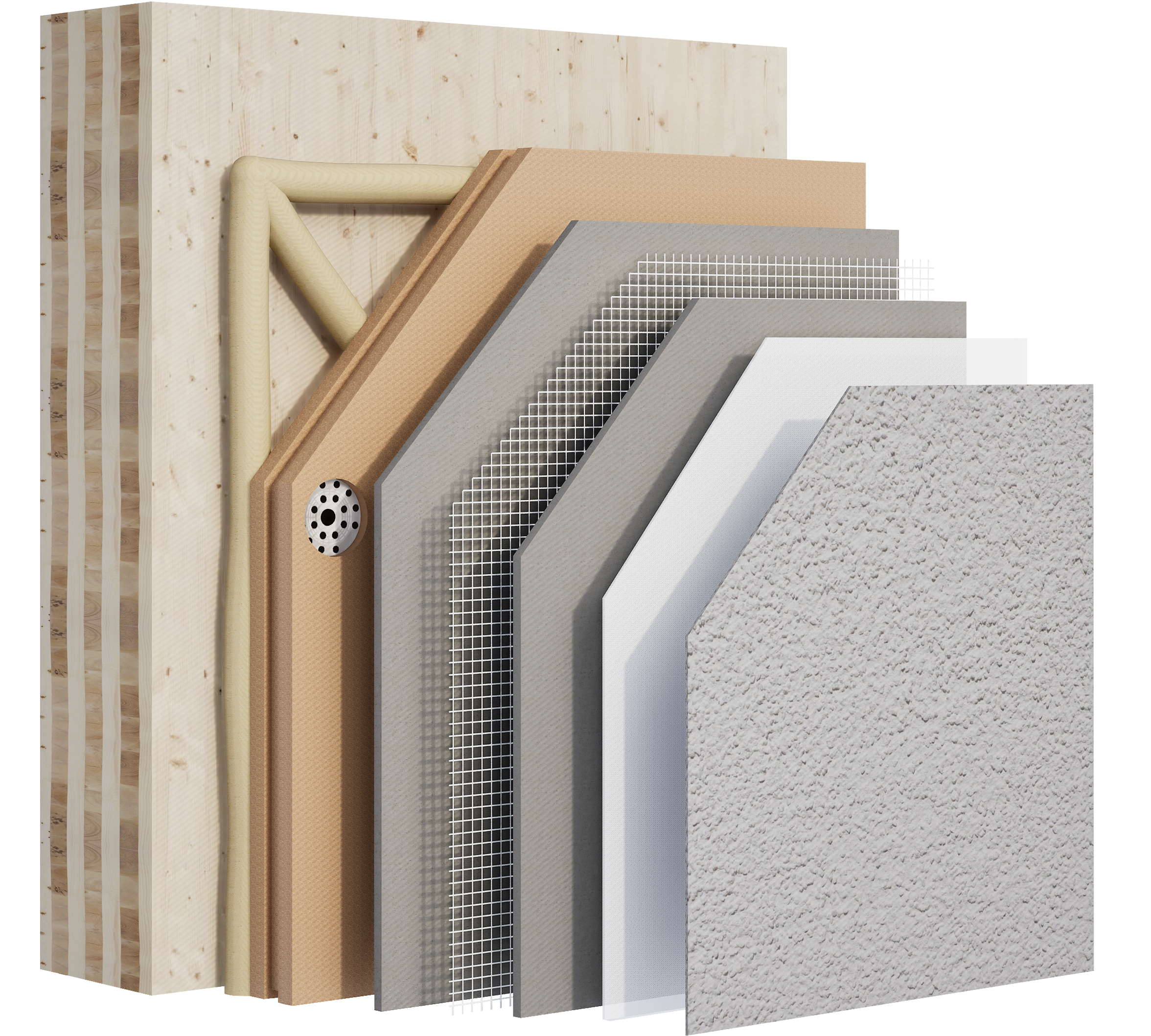 Composition du système EcoWood Ossature Système EcoWood Ossature avec panneau en fibre de bois et enduit crépi
