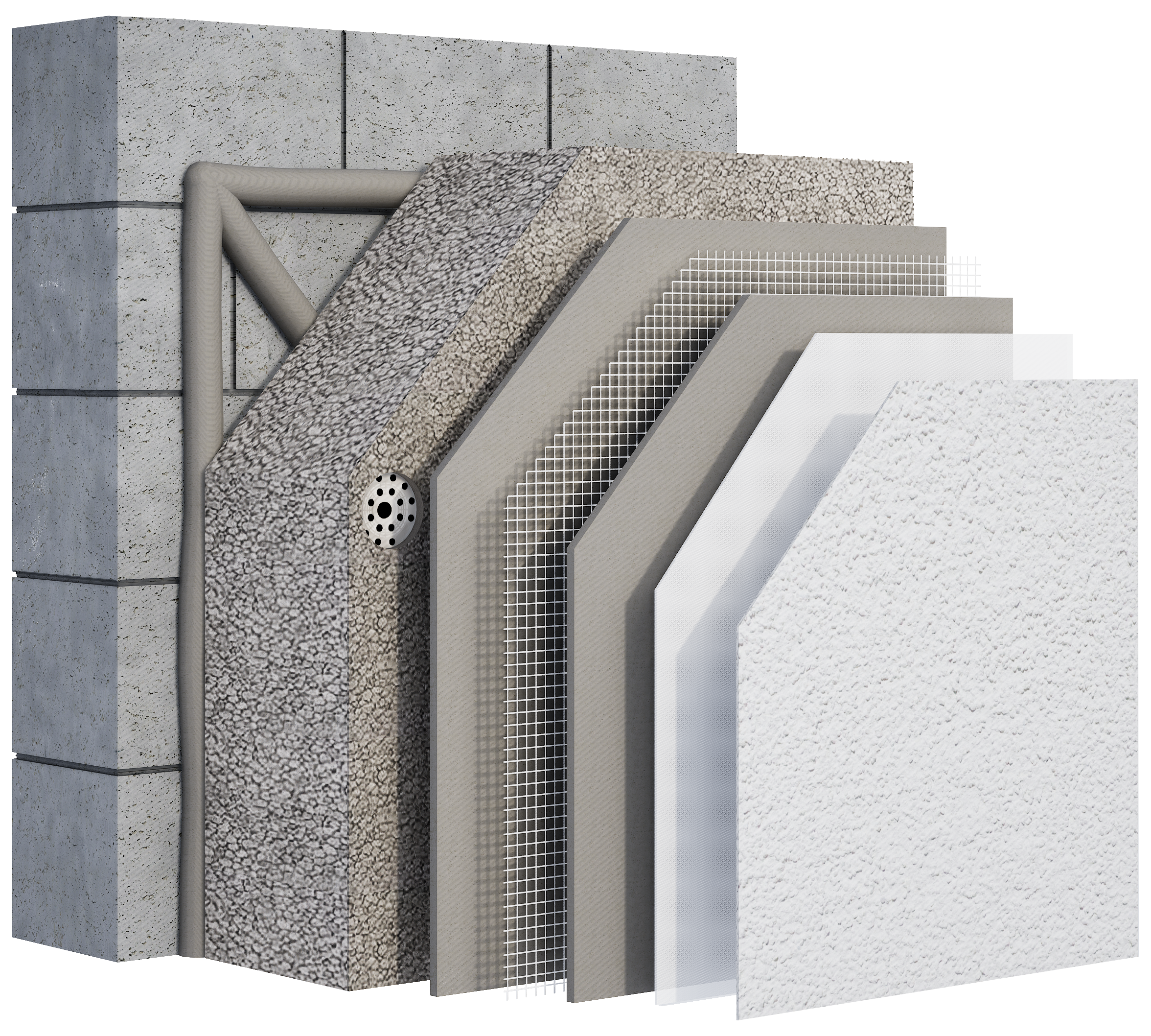 Détail de composition d’un système ITE avec isolant en polystyrène gris et enduit de finition